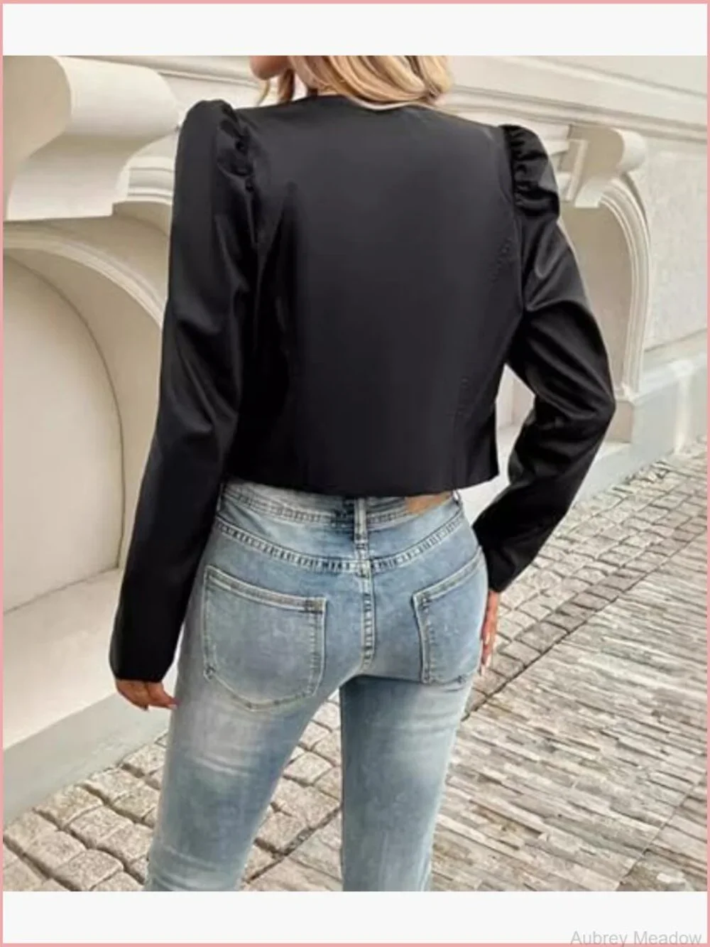 Faux Leather Puff Sleeve Cropped Bolero Blazer Open Front PU